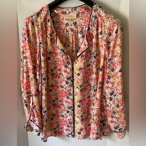 Modcloth Floral Blouse - Pink blue 3 X long sleeve semi sheer pullover